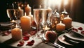 A table for two with candles, rose petals scattered, and wine glasses filled with sparkling champagne.. Generative AI Royalty Free Stock Photo