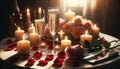 A table for two with candles, rose petals scattered, and wine glasses filled with sparkling champagne.. Generative AI Royalty Free Stock Photo