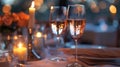 A table with two glasses of wine on it and candles, AI Royalty Free Stock Photo