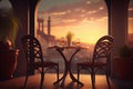 A table for two is served on the terrace overlooking the old european city at sunset. AI Generated Royalty Free Stock Photo