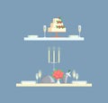 Table for Two Serving with Cake and Glasses Vector