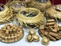 Table of typical food of junina party: paÃÂ§oca candy, lollipops, cake, dulce de leche, peanut candy. Tradicional Festa Junina