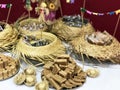 Table of typical food of junina party: paÃÂ§oca candy, lollipops, cake, dulce de leche, peanut candy. Tradicional Festa Junina