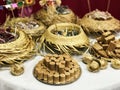 Table of typical food of junina party: paÃÂ§oca candy, lollipops, cake, dulce de leche, peanut candy. Tradicional Festa Junina