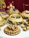 Table of typical food of junina party: paÃÂ§oca candy, lollipops, cake, dulce de leche, peanut candy. Tradicional Festa Junina