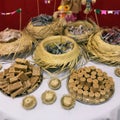 Table of typical food of junina party: paÃÂ§oca candy, lollipops, cake, dulce de leche, peanut candy. Tradicional Festa Junina