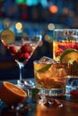 A table with a variety of drinks and fruit, including a martini, a martini glass Royalty Free Stock Photo