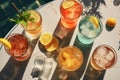 A table with a variety of drinks and ice cubes Royalty Free Stock Photo
