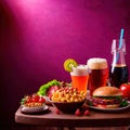 Table with a variety of food and drink, buffet smorgasbord potluck assortment