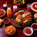 Table with a variety of food and drink, buffet smorgasbord potluck assortment