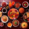 Table with a variety of food and drink, buffet smorgasbord potluck assortment