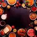 Table with a variety of food and drink, buffet smorgasbord potluck assortment