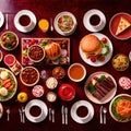 Table with a variety of food and drink, buffet smorgasbord potluck assortment