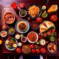 Table with a variety of food and drink, buffet smorgasbord potluck assortment