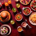 Table with a variety of food and drink, buffet smorgasbord potluck assortment