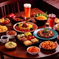 Table with a variety of food and drink, buffet smorgasbord potluck assortment