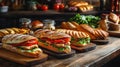A table with a variety of sandwiches and breads Royalty Free Stock Photo