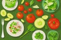 a table with a variety of vegetables and a plate of salad on it with a fork and knife next to it