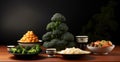 A table with various bowls of food, including broccoli, AI