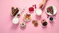 Table with various cookies, donuts, cakes, coffee cups on pink background Royalty Free Stock Photo