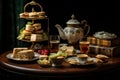 A table with various plates of food and a tea pot placed on top, Classic English afternoon tea with sandwiches and pastries, AI