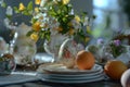A table with a vase of flowers and eggs. Suitable for springtime or Easter-themed designs Royalty Free Stock Photo