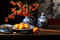 a table with a vase of oranges a bowl of fruit and a cup of tea