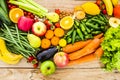 Table view of coloured mix of fresh and seasonal fruits and vegetables for vegan or vegetarian or just heathy food - diet and Royalty Free Stock Photo