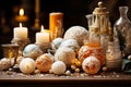 Table with vintage Christmas figurines, classic ceramic, snow globes, soft candlelight, old books