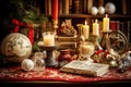 Table with vintage Christmas figurines, classic ceramic, snow globes, soft candlelight, old books