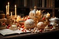 Table with vintage Christmas figurines, classic ceramic, snow globes, soft candlelight, old books