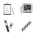 A table of vision tests, a blood test, a DNA code, an ECG apparatus. Medicine set collection icons in black style vector