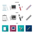 A table of vision tests, a blood test, a DNA code, an ECG apparatus. Medicine set collection icons in cartoon,black,flat