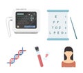 A table of vision tests, a blood test, a DNA code, an ECG apparatus. Medicine set collection icons in cartoon style