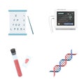 A table of vision tests, a blood test, a DNA code, an ECG apparatus. Medicine set collection icons in cartoon style