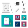 A table of vision tests, a blood test, a DNA code, an ECG apparatus. Medicine set collection icons in monochrome,flat