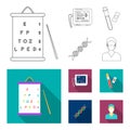 A table of vision tests, a blood test, a DNA code, an ECG apparatus. Medicine set collection icons in outline,flat style