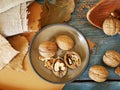 On the table, walnuts, flaxseed, wooden utensils, vintage, cooking healthy food