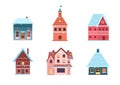 Winter houses collection.Set of isolated decorated buildings for new year and christmas.