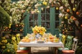 a table with a white table cloth and yellow chairs, A vibrant Easter brunch table spread against a backdrop of a sunny garden Royalty Free Stock Photo