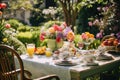 a table with a white table cloth and yellow chairs, A vibrant Easter brunch table spread against a backdrop of a sunny garden Royalty Free Stock Photo