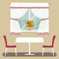 A table with a white tablecloth and two red chairs on a window background