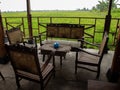 table and wooden chair and rattan carved instrument Royalty Free Stock Photo