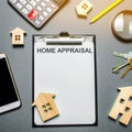 Table with wooden houses, calculator, coins, magnifying glass with the word Home appraisal. The contract for real estate appraisal