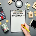 Table with wooden houses, calculator, coins, magnifying glass with the word Property investments. Attracting investment in your