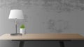 A table with a wooden shadow and a black shadow. Table lamp, indoor plant. Gray concrete wall. Vector illustration Royalty Free Stock Photo