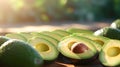 A tableau of avocados bathed in the soft rays of natural sunlight. Generative AI