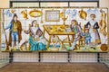 A tableau of ceramic tiles in the Museo Nacional de Ceramica showing a classic illustration of a Spanish kitchen, Valencia, Spain