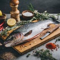 A selection of fresh fish: salmon, sitting on a chopping board against blurred kitchen background copy space Royalty Free Stock Photo