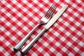 Tableknife and fork on red checked tablecloth Royalty Free Stock Photo